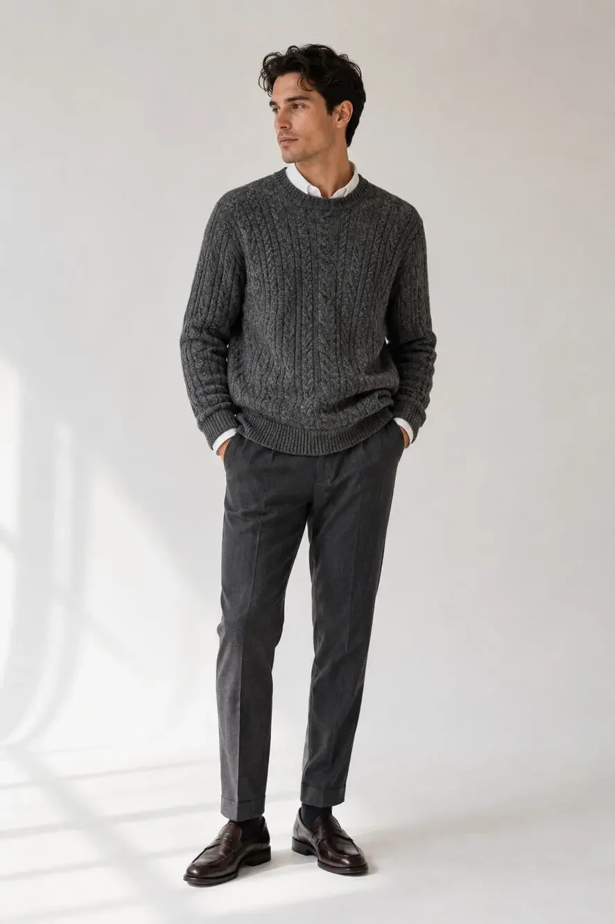 J Crew Vintage Wool Grey Cable Knit Crew Neck Sweater Men’s L Preppy Old Money